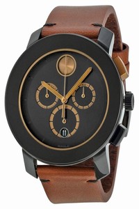Movado Black Dial Chronograph Cognac Leather Mens Watch