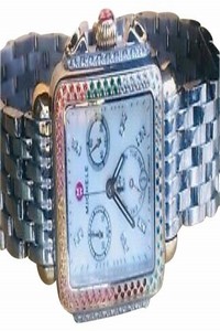 Michele Silver with Multi Color Gems New Deco Carousel Diamond + Gem Stone On Stainless Band Watch