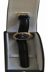 Movado Black Leather Band Black Face Gold Rim 87e40863 Watch