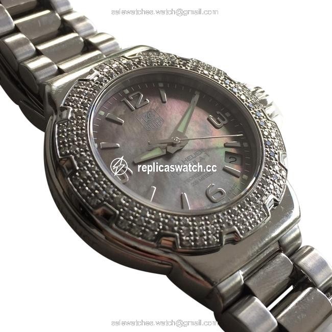 TAG Heuer Black Formula 1 F1 Professional Diamond Bezel Sapphire Crystal Swiss Movement Mop Mother Of Pearl Gray Iridescent Watch TAG Heuer Black Formula 1 F1 Professional Diamond Bezel Sapphire Crystal Swiss Movement Mop Mother Of Pearl Gray Iridescent Watch