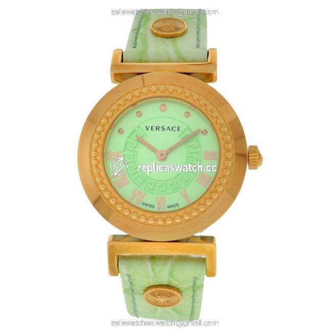 Versace Gold Tone Steel New Vanity P5q80d220 S220 Green Quartz Watch Versace Gold Tone Steel New Vanity P5q80d220 S220 Green Quartz Watch