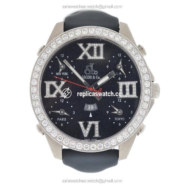 Jacob & Co. Black with Diamonds World Time Titanium Dial and Bezel Watch Jacob & Co. Black with Diamonds World Time Titanium Dial and Bezel Watch
