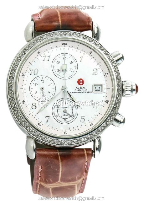 Michele Silver Stainless Steel/ Mop/ Brown Croc Leather Diamond Ladies Watch Michele Silver Stainless Steel/ Mop/ Brown Croc Leather Diamond Ladies Watch