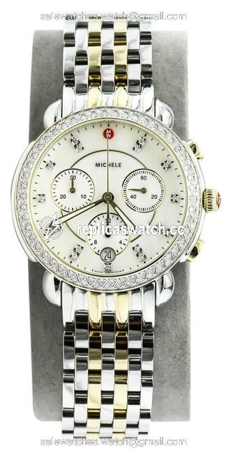 Michele Two Tone / Stainless Steel/ Gold Plated Condition Sidney Diamonds Chronograph Ladies Watch Michele Two Tone / Stainless Steel/ Gold Plated Condition Sidney Diamonds Chronograph Ladies Watch