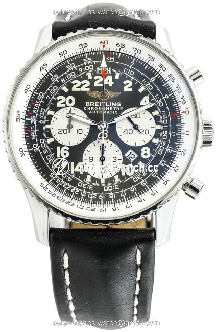 Breitling Stainless Steel and Black Leather Cosmonaute Navitimer Watch Breitling Stainless Steel and Black Leather Cosmonaute Navitimer Watch