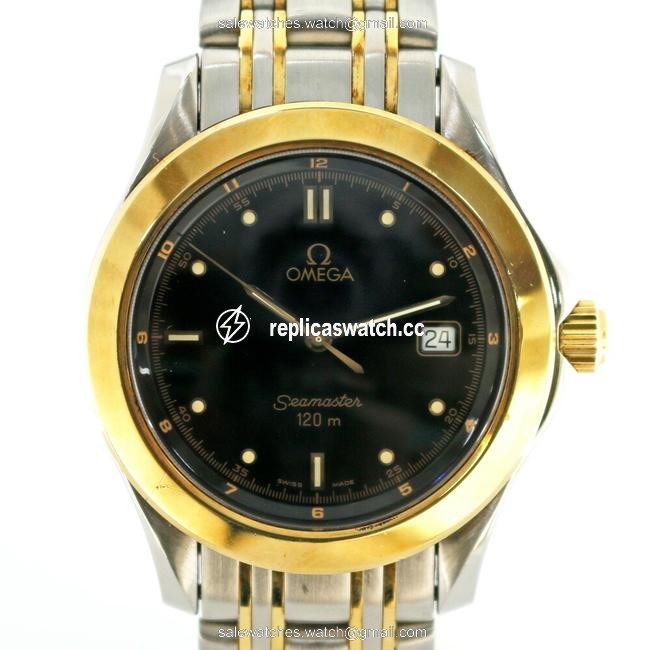 Omega Gold / Silver 120m Combi Seamaster Black Mens Stainless Steel Plating Watch Omega Gold / Silver 120m Combi Seamaster Black Mens Stainless Steel Plating Watch