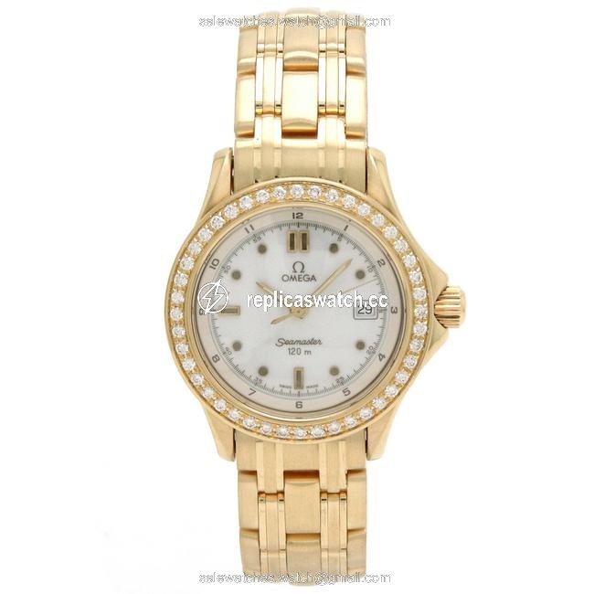 Omega Seamaster 120mm White Dial K18yg Bezel Diamond Ladies Qz Quartz 2175.20 Watch Omega Seamaster 120mm White Dial K18yg Bezel Diamond Ladies Qz Quartz 2175.20 Watch