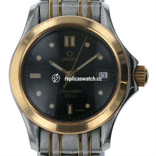 Omega Gold / Silver Seamaster Date Combination 2371.50 Quartz Black Dial Ladies Watch Omega Gold / Silver Seamaster Date Combination 2371.50 Quartz Black Dial Ladies Watch