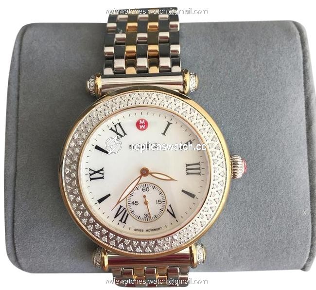 Michele Gold/ Silver Caber Diamond Mop Two Tone Watch Michele Gold/ Silver Caber Diamond Mop Two Tone Watch
