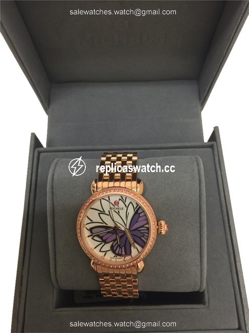 Michele Rose Gold Garden Party Topaz Purple Diamond Butterfly with Bracelet( Also Extra Purple Leather Bands Watch Michele Rose Gold Garden Party Topaz Purple Diamond Butterfly with Bracelet( Also Extra Purple Leather Bands Watch