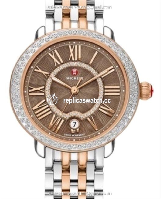 Michele Silver and Rosegold Serein 16 Mid Diamond Cocoa Diamond Dial 2 Tones Watch Michele Silver and Rosegold Serein 16 Mid Diamond Cocoa Diamond Dial 2 Tones Watch