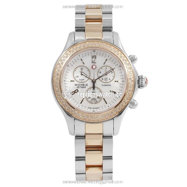 Michele Mother Of Pearl Jetway Diamond Two Tone Steel Quartz Ladies Mww17a000017 Watch Michele Mother Of Pearl Jetway Diamond Two Tone Steel Quartz Ladies Mww17a000017 Watch