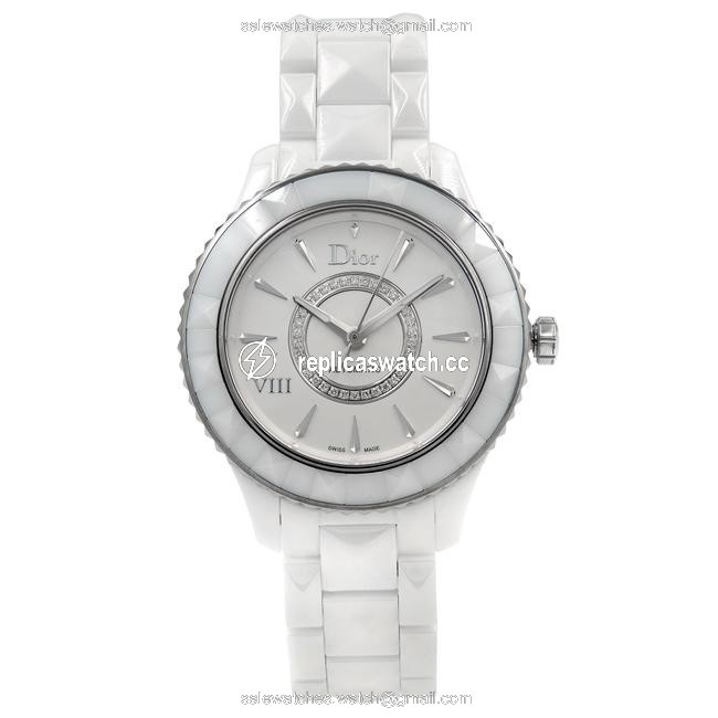 Dior Silver Dial White Ceramic Steel Diamond Watch Dior Silver Dial White Ceramic Steel Diamond Watch
