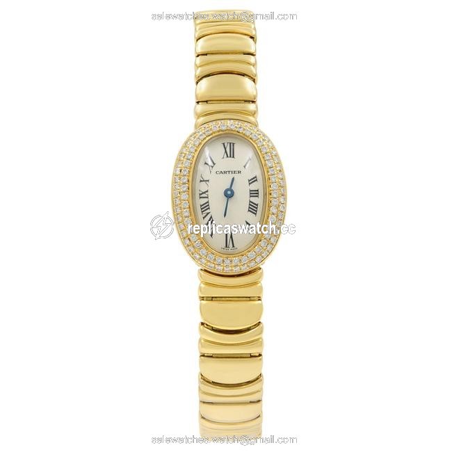 Cartier Gold and Diamond Baignore Wb5094wi Quartz Oval Face Watch Cartier Gold and Diamond Baignore Wb5094wi Quartz Oval Face Watch