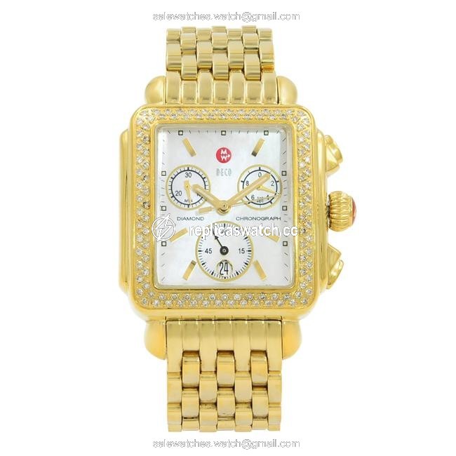 Michele Mother Of Pearl Deco 33mm Steel Gold Tone Diamond 0.60cttw Mw06a01b0025 Watch Michele Mother Of Pearl Deco 33mm Steel Gold Tone Diamond 0.60cttw Mw06a01b0025 Watch