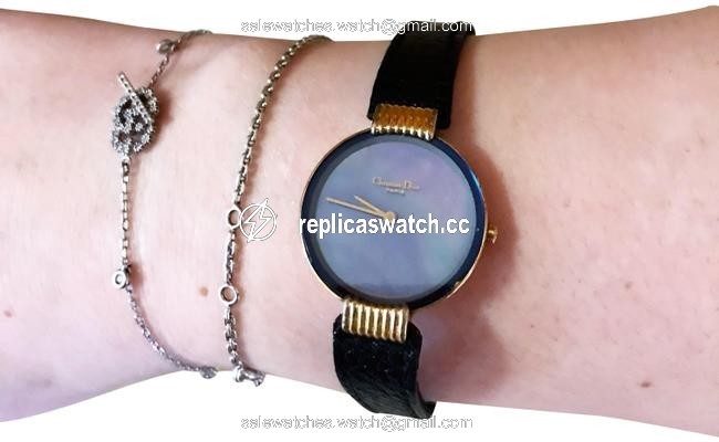 Dior Black and Gold Rare Vintage Crystal Mother Of Pearl Leather Plate Watch Dior Black and Gold Rare Vintage Crystal Mother Of Pearl Leather Plate Watch