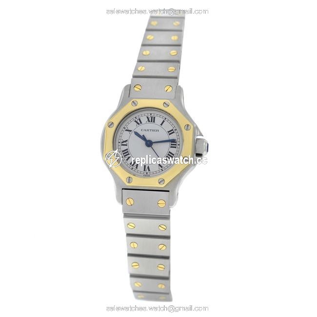 Cartier Yellow Gold Silver Ladies Santos Ronde 27mm 18k Quartz Watch Cartier Yellow Gold Silver Ladies Santos Ronde 27mm 18k Quartz Watch