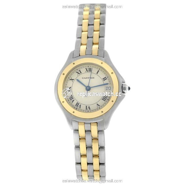 Cartier Silver Panthere Cougar 119000r Ladies Gold Steel Two Row Quartz 26mm Watch Cartier Silver Panthere Cougar 119000r Ladies Gold Steel Two Row Quartz 26mm Watch