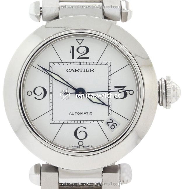 Cartier Silver W Pasha Steel Date Arabic Dial 35mm 2324 Pouch Watch Cartier Silver W Pasha Steel Date Arabic Dial 35mm 2324 Pouch Watch