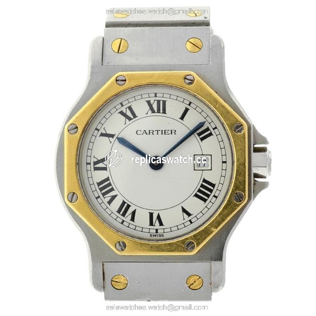 Cartier Gold Silver Santos Octagon 18k Yellow Steel 30mm Watch Cartier Gold Silver Santos Octagon 18k Yellow Steel 30mm Watch