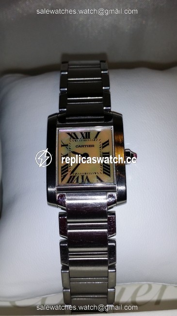 Cartier Silver Tank Francaise Stainless Steel Mother Of Pearl Ladies with Pink Sapphire Cabachon Crown Watch Cartier Silver Tank Francaise Stainless Steel Mother Of Pearl Ladies with Pink Sapphire Cabachon Crown Watch