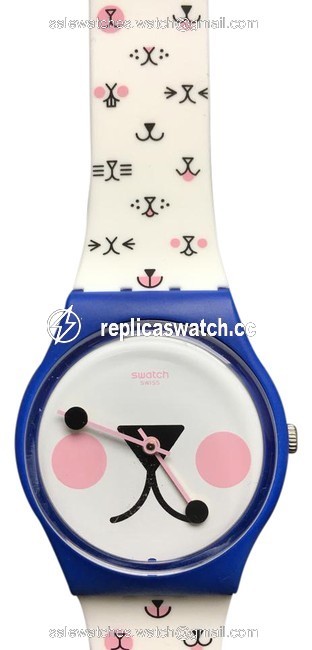 Swatch White Blue Black Pink Cattitude (Kitty Face) Gn241 Watch Swatch White Blue Black Pink Cattitude (Kitty Face) Gn241 Watch