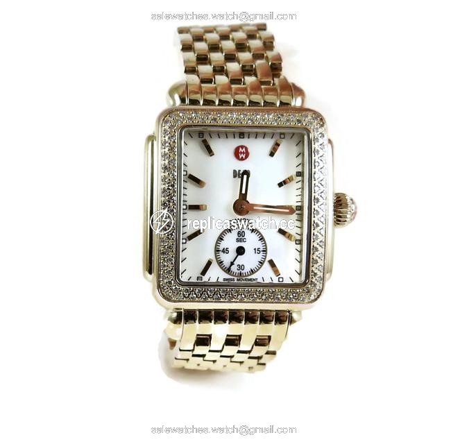 Michele Gold Plated Mother Of Pearl Diamond Deco Watch Michele Gold Plated Mother Of Pearl Diamond Deco Watch