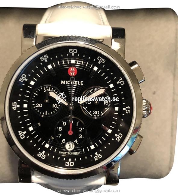 Michele Black/White Sport Sail Dial Leather Strap Watch Michele Black/White Sport Sail Dial Leather Strap Watch