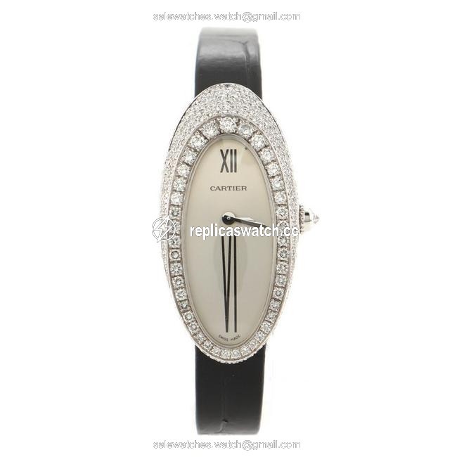 Cartier Silver Alcyone Quartz White Gold and Crocodile with Diamond Bezel 20 Watch Cartier Silver Alcyone Quartz White Gold and Crocodile with Diamond Bezel 20 Watch