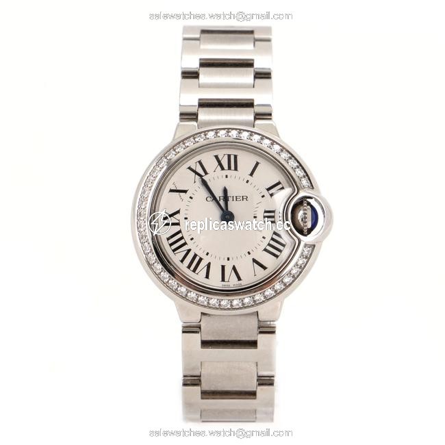 Cartier White Ballon Bleu De Quartz Stainless Steel with Diamond Bezel Watch Cartier White Ballon Bleu De Quartz Stainless Steel with Diamond Bezel Watch