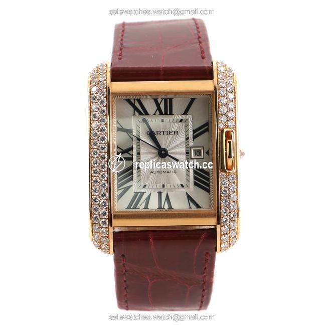 Cartier Silver Tank Anglaise Rose Gold and Alligator with Diamo Watch Cartier Silver Tank Anglaise Rose Gold and Alligator with Diamo Watch
