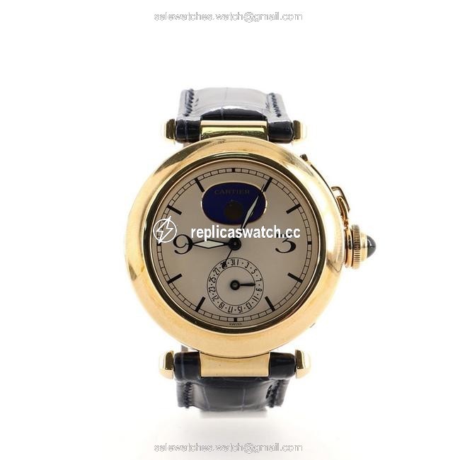 Cartier Silver Pasha Moonphase Date Quartz Yellow Gold and Crocodile 38 Watch Cartier Silver Pasha Moonphase Date Quartz Yellow Gold and Crocodile 38 Watch