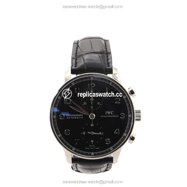 IWC Black Portugieser Chronograph Stainless Steel and Alligator Watch IWC Black Portugieser Chronograph Stainless Steel and Alligator Watch