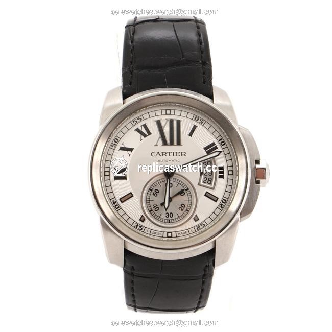 Cartier Silver Calibre De Stainless Steel and Alligator 42 Watch Cartier Silver Calibre De Stainless Steel and Alligator 42 Watch