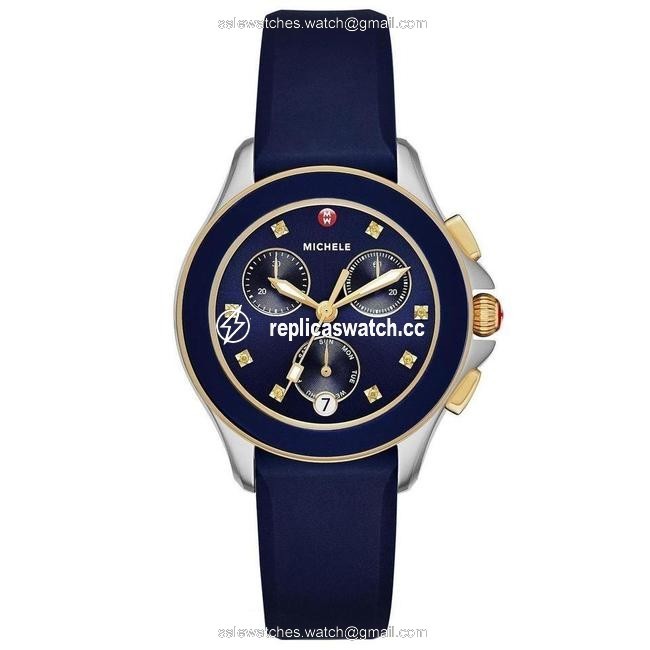 Michele Gold/ Silver/ Navy Cape Chronograph 2 Tone Mww27c000005 Watch Michele Gold/ Silver/ Navy Cape Chronograph 2 Tone Mww27c000005 Watch