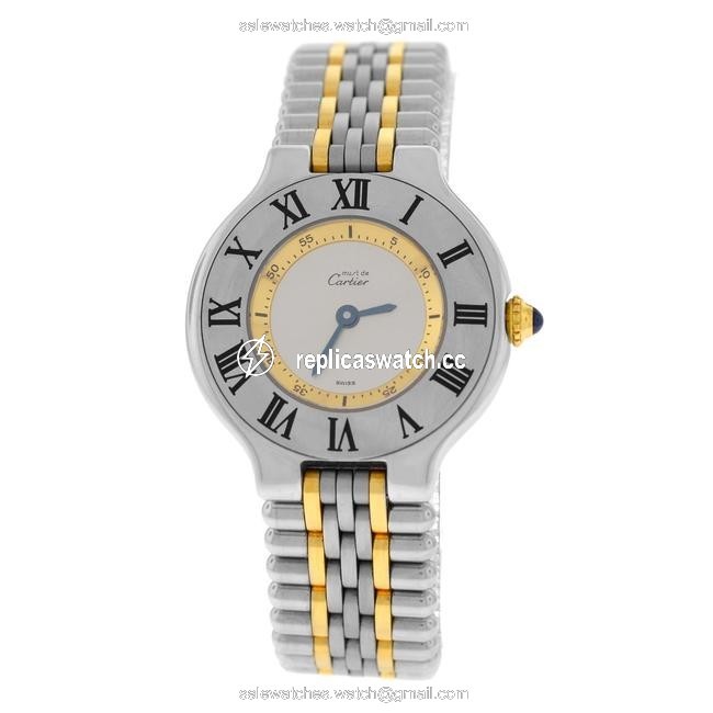 Cartier Yellow Gold Silver Ladies 1340 Must De 28mm Steel Bullet Bracelet Watch Cartier Yellow Gold Silver Ladies 1340 Must De 28mm Steel Bullet Bracelet Watch