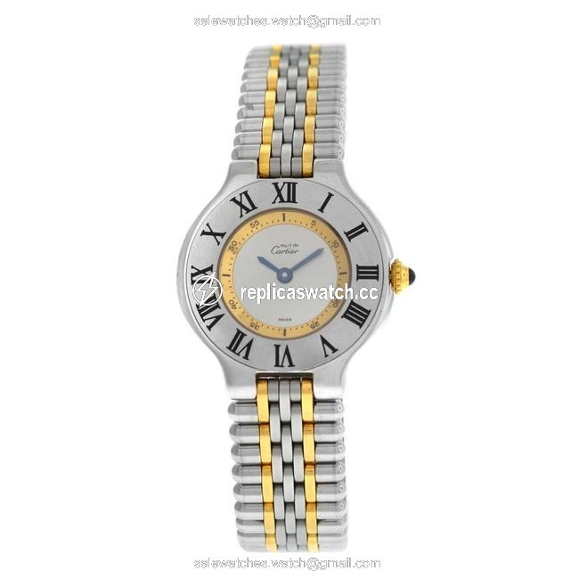 Cartier Yellow Gold Silver Ladies Must De 1340 Quartz Steel 28mm Bullet Watch Cartier Yellow Gold Silver Ladies Must De 1340 Quartz Steel 28mm Bullet Watch