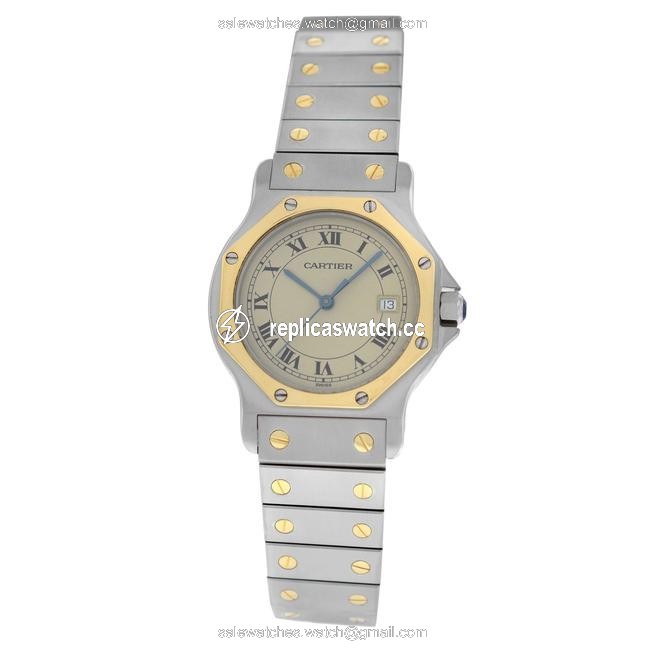Cartier Yellow Gold Silver Ladies Santos Octagon 187902 Steel 18k 30mm Quartz Watch Cartier Yellow Gold Silver Ladies Santos Octagon 187902 Steel 18k 30mm Quartz Watch