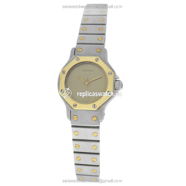 Cartier Yellow Gold Silver Ladies Santos Octagon 25mm 18k Watch Cartier Yellow Gold Silver Ladies Santos Octagon 25mm 18k Watch