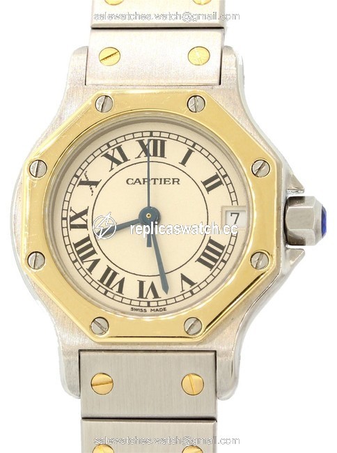 Cartier Yellow Gold Stainless Steel Ladies Santos Octagon 18875 18k Two Tone 25mm Quartz Watch Cartier Yellow Gold Stainless Steel Ladies Santos Octagon 18875 18k Two Tone 25mm Quartz Watch