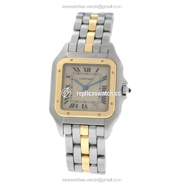 Cartier Yellow Gold Silver Ladies Midsize 27mm Panthere 187949 Quartz 18k One Row Watch Cartier Yellow Gold Silver Ladies Midsize 27mm Panthere 187949 Quartz 18k One Row Watch