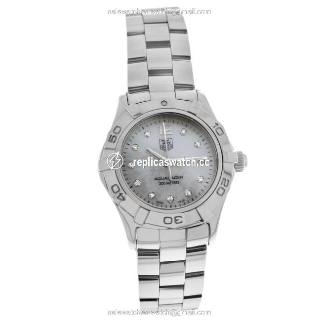 TAG Heuer Silver Ladies Aquaracer Waf1415 Steel Mop Diamond Date 300m Quartz Watch TAG Heuer Silver Ladies Aquaracer Waf1415 Steel Mop Diamond Date 300m Quartz Watch