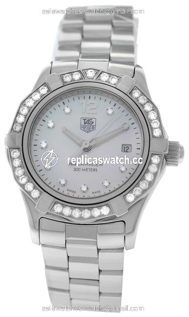 TAG Heuer Silver Ladies Aquaracer Waf1416 Steel Mop Diamond Date 300m Quartz Watch TAG Heuer Silver Ladies Aquaracer Waf1416 Steel Mop Diamond Date 300m Quartz Watch