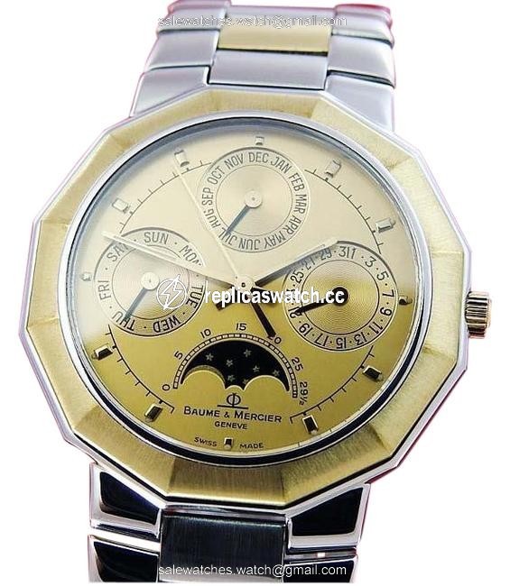 Baume & Mercier Gold Tone and Stainless Steel Riviera W Mens Moon-phase 18k Solid Ss Quartz W/Bracelet Watch Baume & Mercier Gold Tone and Stainless Steel Riviera W Mens Moon-phase 18k Solid Ss Quartz W/Bracelet Watch