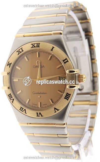 Omega Gold Mens Constellation 18k Yellow Full Bars/Ss 33mm Date Watch Omega Gold Mens Constellation 18k Yellow Full Bars/Ss 33mm Date Watch