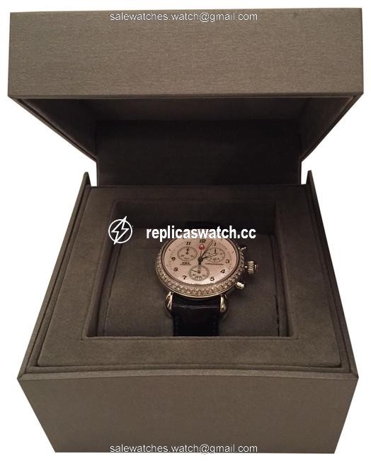 Michele Silver Csx 36 Ladies Diamond Gt Black Leather Chrono Quartz Watch Michele Silver Csx 36 Ladies Diamond Gt Black Leather Chrono Quartz Watch
