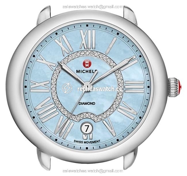 Michele Silver & Blue Serein 16 Head 36mm Diamond Dial Mother Of Pearl Watch Michele Silver & Blue Serein 16 Head 36mm Diamond Dial Mother Of Pearl Watch