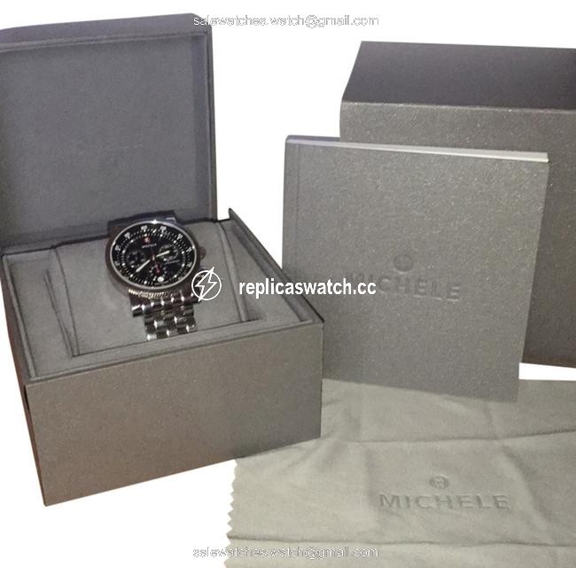 Michele Sport Sail 38mm black dial watch case woth 20mm wide silver bracelet. Michele Sport Sail 38mm black dial watch case woth 20mm wide silver bracelet.