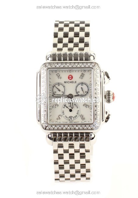 Michele Silver Stainless Steel Mother Of Pearl Deco Diamond Watch Michele Silver Stainless Steel Mother Of Pearl Deco Diamond Watch