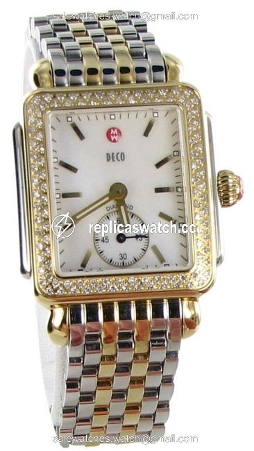 Michele Silver/Gold Deco 16 Diamond Bezel Mother-of-pearl 18k Plated Steel Watch Michele Silver/Gold Deco 16 Diamond Bezel Mother-of-pearl 18k Plated Steel Watch